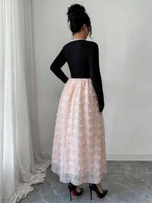 DAZY Vestido de suéter de cuello redondo con volantes y parches de lentejuelas elegantes para mujer, otoño - Rosa - Ver 2