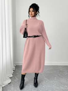 SHEIN Tall CURVE Váy len tay raglan cổ lọ thường ngày cỡ lớn - Hồng - Xem 6