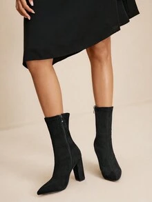 Daringsoles 女士尖头粗跟弹力踝靴，侧拉链踝靴，麂皮绒面料，搭配紧身袜，性感迷人，秋冬款 - 黑色 - 查看 3