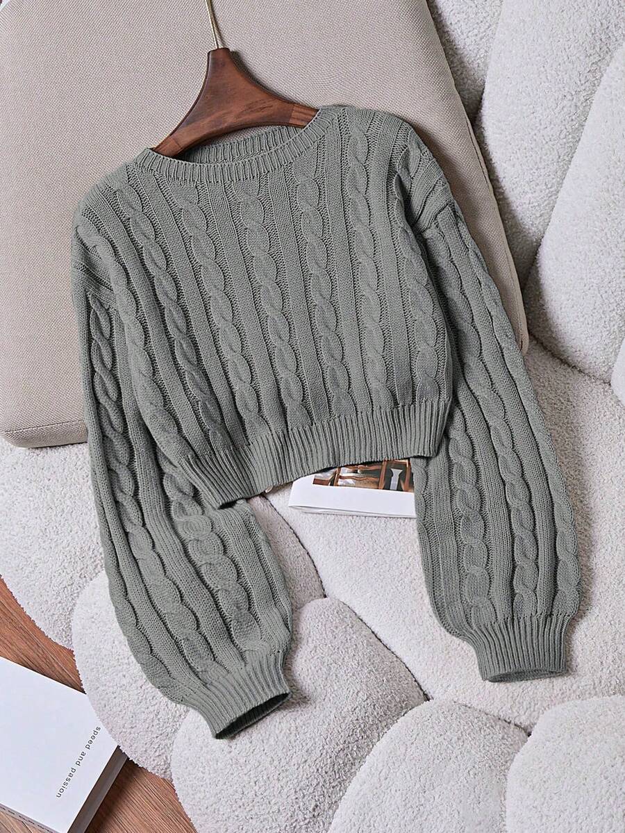 Franclia 纯色麻花针织圆领休闲套头毛衣 - 灰色 - 查看 1