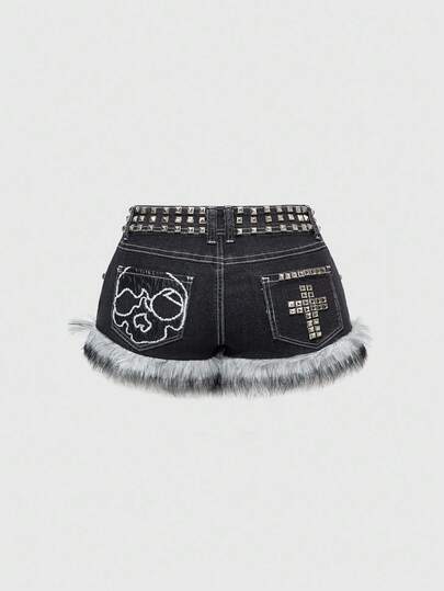 Grunge Punk Short en jean mini taille très basse avec décoration de croix cloutée, style vintage et délavé Y2K pour femmes