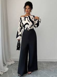 Elenzga 女式印花拼布腰部阔腿连体裤，优雅廓形，适合日常通勤和百搭穿着 - 彩色 - 查看 4