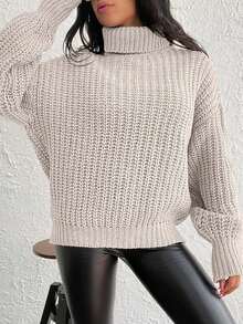 EURMUSE Turtleneck Drop Shoulder Sweater - Beige - View 3