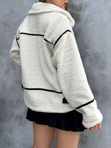 EURMUSE Women Sherpa Contrast Binding Jacket Coat - Cream - View 2