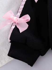 SHEIN Baby Girls Black Bow Graphic Drop Shoulder Long Sleeve Sweatshirt And Pants Co-Ords Polyester Everyday Casual Set