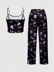 ROMWE Bộ đồ ngủ in hình bộ xương, dơi, nhện phong cách Gothic, đồ ngủ thường ngày - trắng - Xem 2