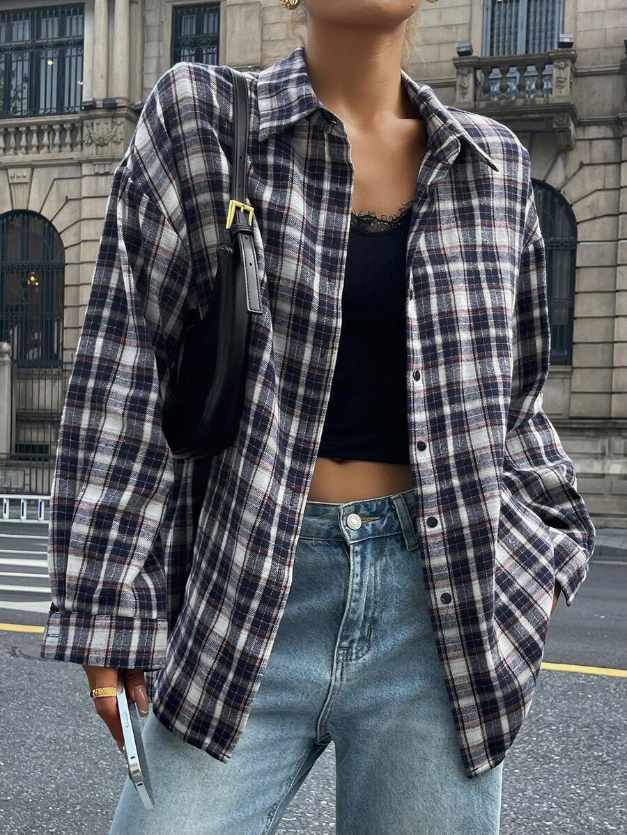 DAZY 女式格纹宽松翻领长袖衬衫,咖啡棕色,春夏秋 - 藏蓝色 - 查看 1