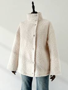 Auralis 大码女装秋冬时尚休闲宽松舒适日常百搭米色毛绒夹克，秋季服装女装，冬季外套，简约风格 - 杏色 - 查看 5