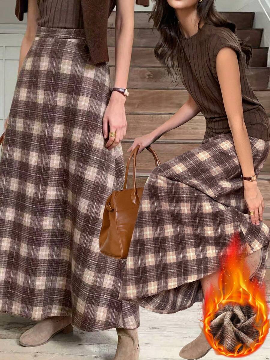 Falda casual de línea A con cintura acampanada a cuadros para mujer - Café integral - Ver 1