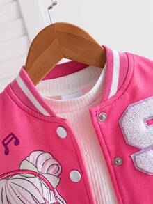 1pc Baby Girl's Fashionable Cute Sweet Floral Print Rose Pink & White Patchwork Baseball Jacket, Suitable For School And Sports, Spring/Autumn - Multicolor - View 7