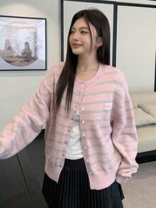 Dazy Plus 可爱针织条纹宽松开衫，女孩休闲毛衣，大码女装，秋冬 - 粉色 - 查看 7