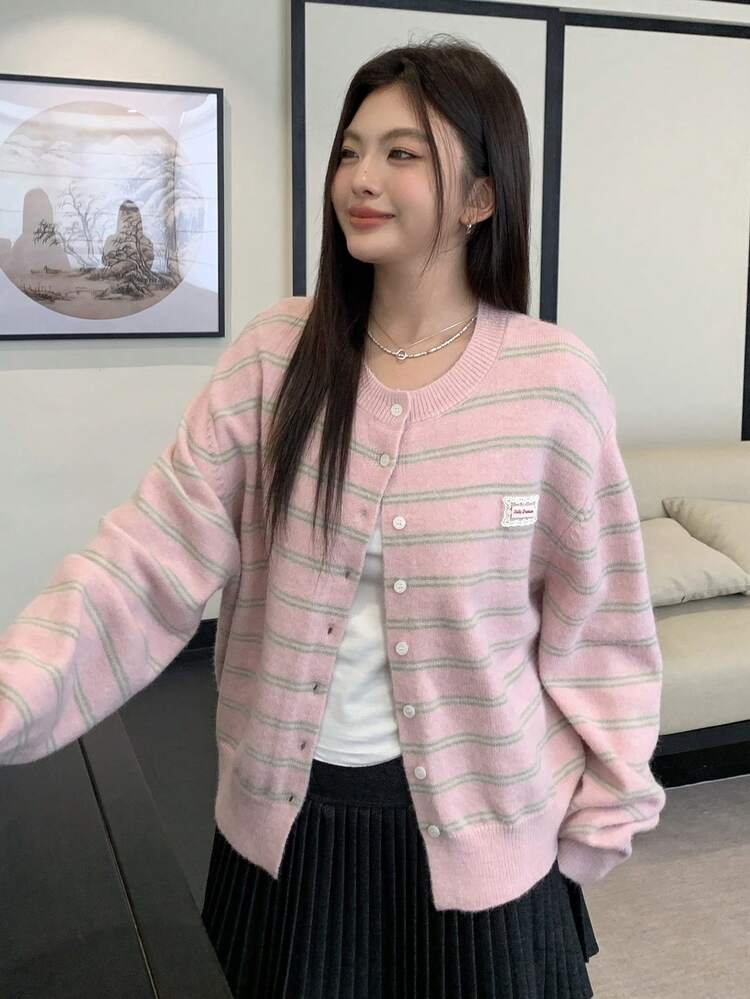 Dazy Plus Cute Knitted Striped Loose Cardigan, Casual Sweater For Girls, Plus Size Women, Autumn/Winter