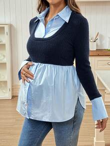 SHEIN Autumn And Winter Maternity Casual 2 In 1 Long Sleeve Shirt - Royal Blue - View 4
