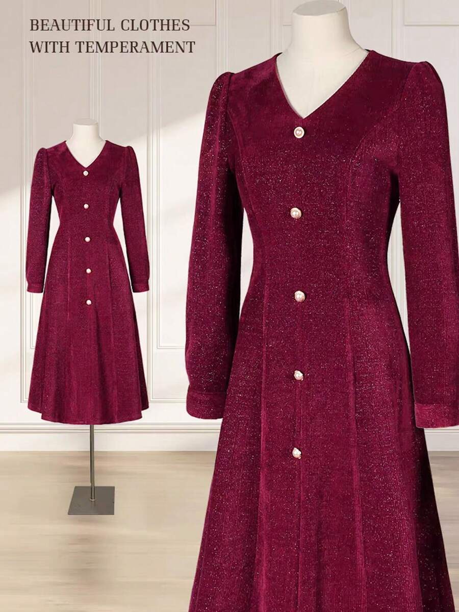 GlowEve Metallic Texture V-Neck Long Sleeve Cinched Waist A-Line Party Dress For Women, Autumn/Winter - Burgundy - View 1
