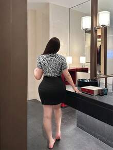 Flirla Plus Size Women Leopard Print Front Knot Short Sleeve Bodycon Mini Dress - Black and White - View 2