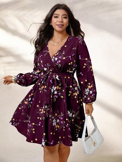 SHEIN Clasi Plus Size Women's New V-Neck Long Sleeve Waist Tie Bow Floral Print Pleated A-Line Dress, Elegant Vacation Casual Wear, Flattering & Chic, Suitable For Summer & Autumn