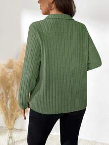 EMERY ROSE Plus Size Women Solid Color Polo Collar Long Sleeve Ribbed Casual T-Shirt Fall Cloth For Women - Green - View 2