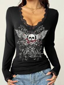Attitoon Casual Deep V-Neck Lace Trim Fitted Long Sleeve T-Shirt, Suitable For Autumn/Winter, Skull Print, Rose Print, Suitable For Y2K, Retro Vintage - Black - View 3