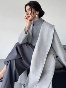 Firerie Women's Elegant Minimalist Commute & Casual Urban Fashion Turndown Collar Pocket Long Gray Overcoat, Autumn Winter Clothes For Women Cozy Fall And Winter Clothes For Women,Fall,Fall Clothes For Women - Grey - View 2