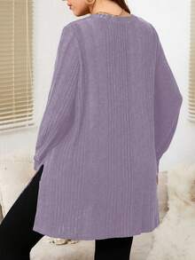 EMERY ROSE Camiseta casual holgada de mujer de talla grande con cuello en V, manga larga y diseño de botones acanalados de unicolor - Morado - Ver 2