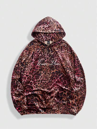 Street Life Men's Letter & Leopard Print Long Sleeve Casual Hoodie Sweatshirt