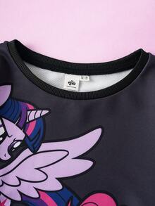 My Little Pony X SHEIN Sudadera holgada con estampado de unicornio de dibujos animados para niñas preadolescentes, informal y linda, para primavera/otoño - Negro - Ver 7