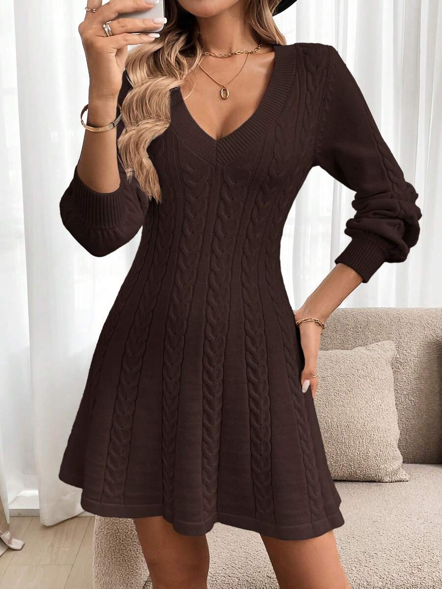 SHEIN LUNE Váy dệt kim dài tay cổ chữ V họa tiết cáp cho nữ, mùa thu/đông - màu nâu - Xem 1