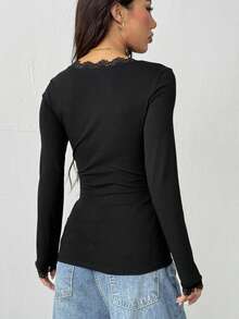 Attitoon Casual Deep V-Neck Lace Trim Fitted Long Sleeve T-Shirt, Suitable For Autumn/Winter, Skull Print, Rose Print, Suitable For Y2K, Retro Vintage - Black - View 8