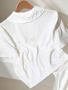 Franclia Fashionable And Casual Loose Lapel Half-Tube Pearl Button Short-Sleeved White Spring And Summer Women's T-Shirt - White - View 2