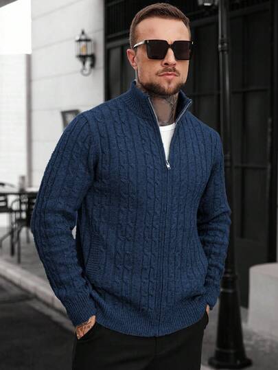 Manfinity CasualCool Men's Solid Color Raglan Sleeve Casual Cable Knit Zip-Up Cardigan Blue Cardigan Men Mens Knitted Cardigans Men Sweater Jacket