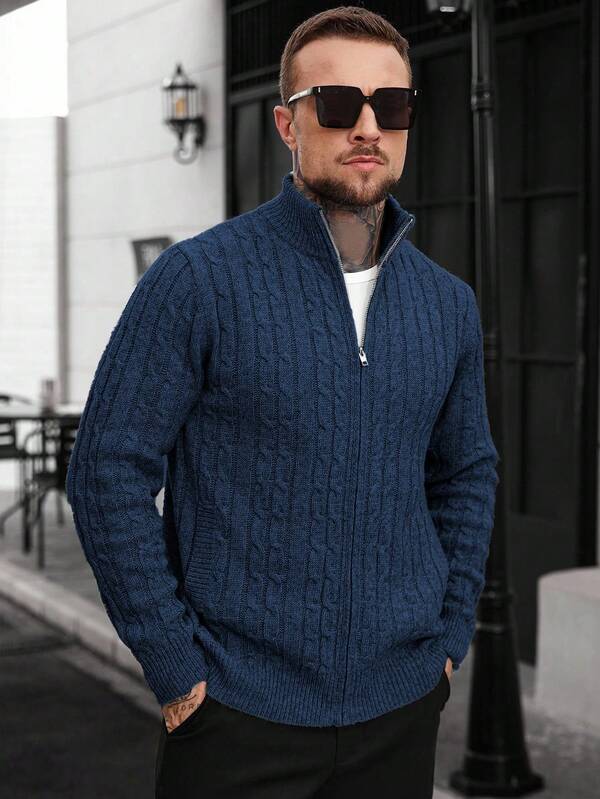 Manfinity CasualCool Men's Solid Color Raglan Sleeve Casual Cable Knit Zip-Up Cardigan Blue Cardigan Men Mens Knitted Cardigans Men Sweater Jacket