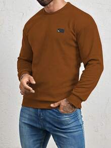 Manfinity Homme Men Oversized Letter Patched Detail Crew Neck Sweatshirt, For Fall, Long Sleeve Top - Brown - View 3