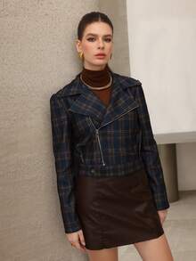 Modelyn Vintage Plaid Collar Zip Up Short  For Women - Multicolor - View 9