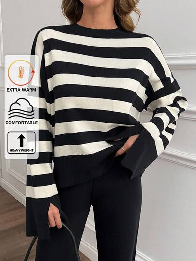 EURMUSE 2 pièces SET avec PANTALON Pull rayé décontracté à rayures nautiques - Tricot contrasté audacieux avec des vibrations côtières. Top rayé, pull rayé pour femmes, pull à manches longues rayé, pull rayé femme, pull rayé noir et blanc, petite taille, vêtements d'hiver