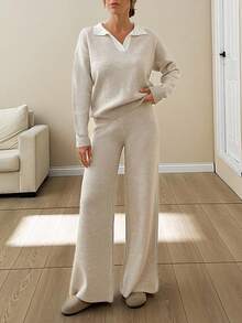 EURMUSE WOMEN SOFT TOUCH POLO NECK SWEATER AND SWEATER PANT Two Pieces OUTFİT CO-ORDS COOL, Long Sleeve, Beige - Cream - View 3