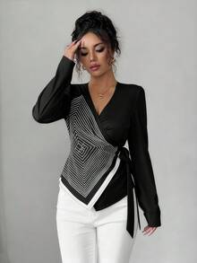 Elenzga Elegant V-Neck Digital Printed Geometric Line Pattern Long Sleeve Asymmetrical Hem Tie Bow Blouse - Black - View 5