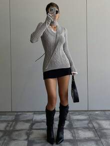 DAZY Pulover cu guler în V și imprimeu petic de dantelă toamnă/iarnă, croială slim fit, stil business casual, stil vintage, potrivit pentru Revelion, Crăciun, nuntă - Gri - Vizualizare 5