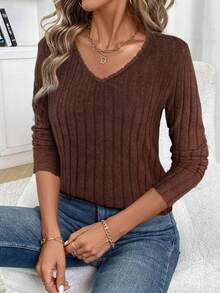 SHEIN Frenchy Casual Commuter Solid Color Lace Patchwork Long Sleeve T-Shirt, Autumn Winter Brown Spring - Brown - View 5