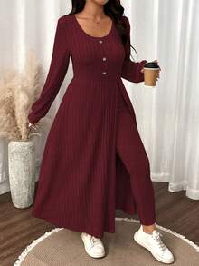 SHEIN LUNE 大码女式纯色毛绒罗纹简约休闲秋冬上衣和修身裤套装 - 酒紅色 - 查看 6