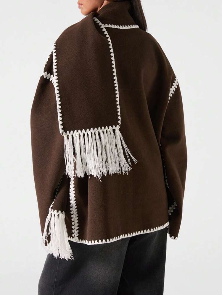 LYSMO Women's Contrast Trim Drop Shoulder Pocket Loose Casual Fashionable Wool Blend Jacket,Coat,Winter - Coffee Brown - View 2