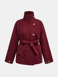 Maija Women's Casual & Commute Elegant Solid Color Christmas High Neck Single-Breasted Belted Overcoat, Autumn/Winter, Women's Winter Coat , Christmas Clothes For Women, New Year Women, Party Outfit High Collar With Metal Buckle Design Belt Included Exquisite And Practical