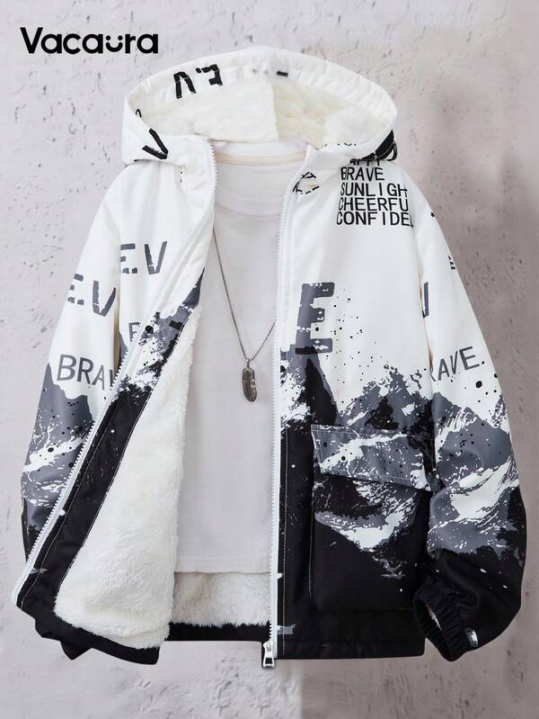 Tween Boy Casual Fashion Ink Painting Letter Decor Kangaroo Pocket Hooded Jacket, Versatile For Autumn/Winter Daily Wear