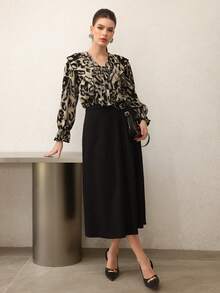 Modelyn Blusa de mujer de manga larga con cuello en V, manga acampanada, estampado de leopardo y volante en el bajo - Multicolor - Ver 7