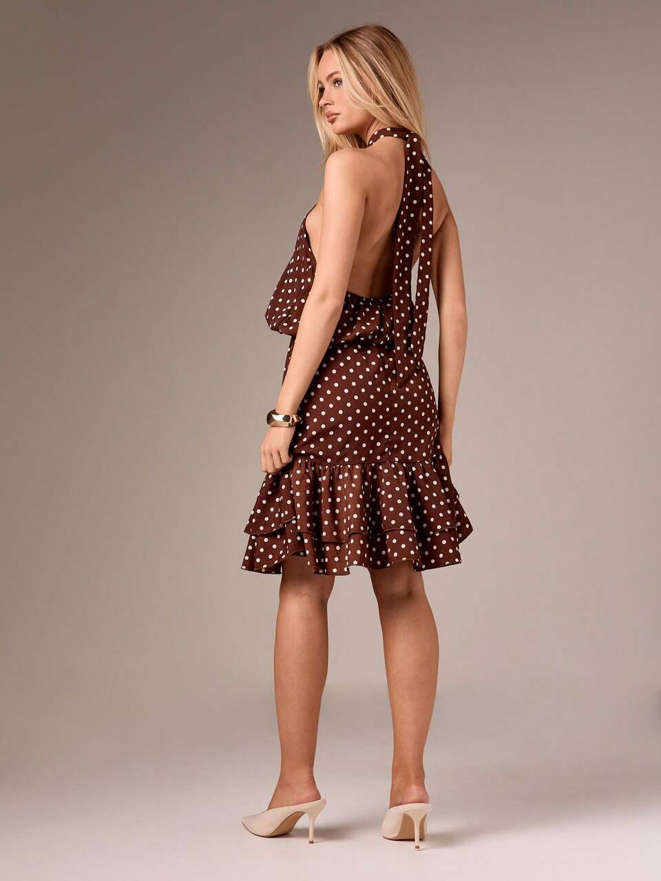 AiiRZ Polka Dot Halter Neck Mini Dress With Ruffle Hem Detail For Summer Occasions Party Wedding Guest