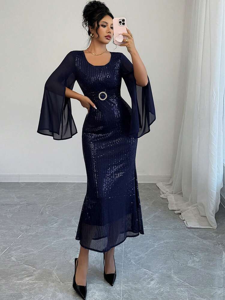 Elegant Sequin Patchwork Split Sleeve Fishtail Dress For Women, Autumn Prom Dress New Years Women Outfit Carnival Sparkly Dress Maxi Dress