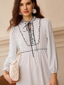 Omancia Vestido elegante de manga comprida com estampa de bolinhas - Branco - Ver 8