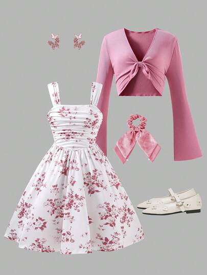 Sparklyn Tween Girls Elegant Young Lady Dignified Dress With Shawl, Pink Textured Knit Fabric, Bowknot Snug Fit Snug Fit Long Sleeve Dress, Short Shawl