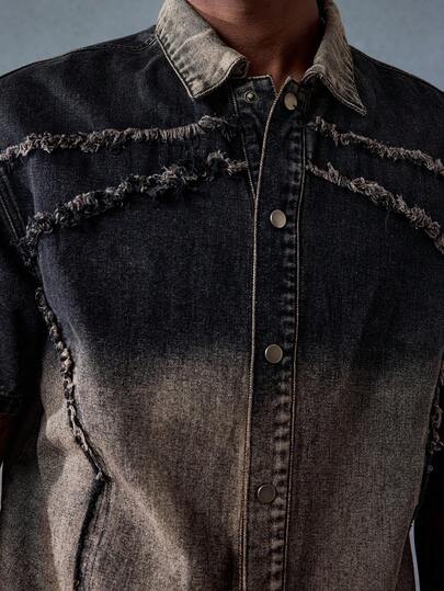 Street Life Men's Frayed Edge Single-Breasted Casual Ombre Punk Denim Shirt, Short Sleeve