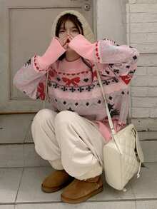 DAZY Women's Cute All-Over Print Casual Crew Neck Loose Pullover Sweater For Christmas Christmas - Pink - View 7