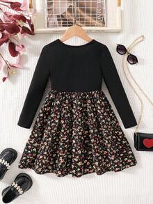 SHEIN Young Girl Knitted Solid Color Patchwork Floral Casual Dress Fall Winter - Black - View 5